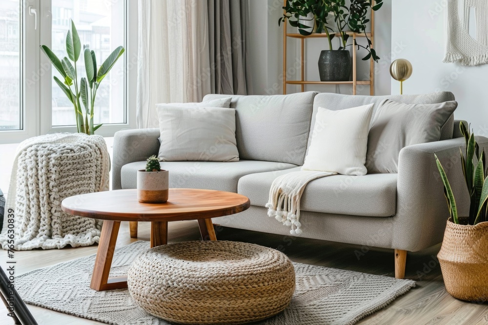 a light-filled living room with a grey sofa, wooden coffee table, and big window. The minimalist decor and the plants add a touch of nature and simplicity to the room a light-filled living room with a grey sofa, wooden coffee table, and big window. The minimalist decor and the plants add a touch of nature and simplicity to the room