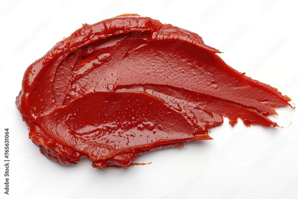 Fototapeta premium A sample of tomato paste spread on a white background, showcasing the texture and color of the product, commonly used in culinary settings for ingredient highlighting or food advertising