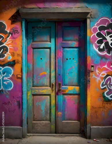 urquoise Door Adorned with Graffiti Designs, Reflecting Urban Artistic Creativity and Vibrant Street Aesthetics, Generative AI photo