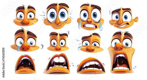 漫画の表情。 1970 年のアニメーション スタイルのキャラクター デザイン ベクトル セット用に、似顔絵の目、落書きの眉、口を持つ漫画の顔。気分が悪くなり、泣きながら食事をするキャラクター