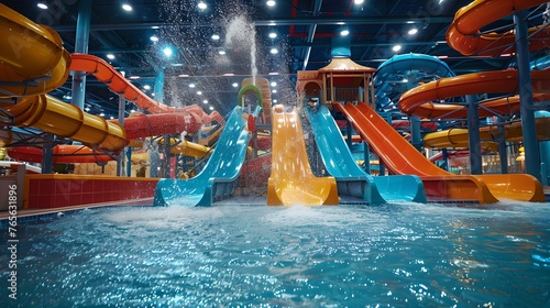 Colorful indoor water park with exciting slides and pools. Perfect for family fun and vacations. Bright, vibrant leisure destination. AI