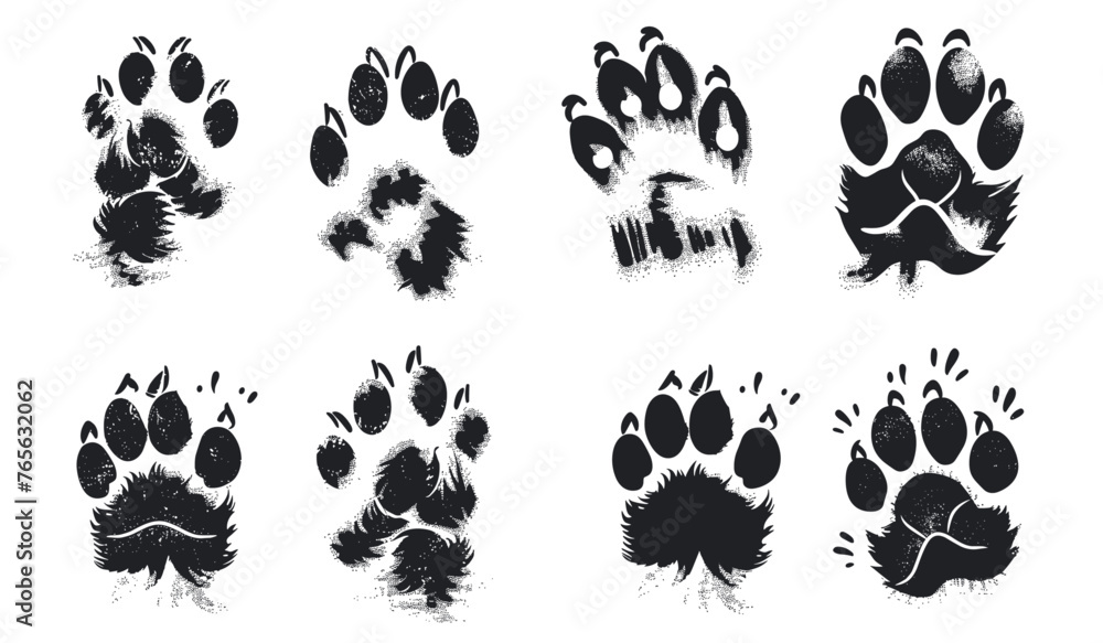 Obraz premium 動物の足跡跡。動物の足のシルエット、野生動物のペットと農場の小道、鳥の足音。白い背景ベクトルを設定に分離された自然フット トラックを歩くブラシ