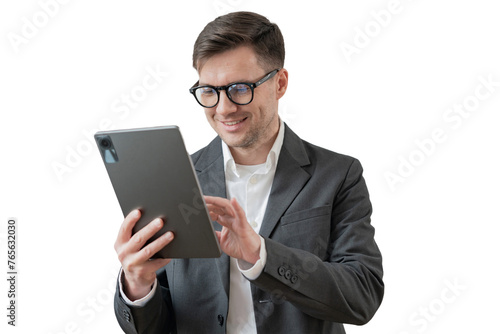 A business man manager uses a tablet, transparent isolated background. photo