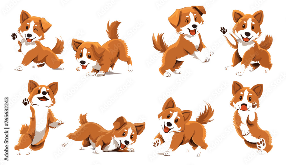 漫画の犬。アクティブなペット動物、かわいい子犬、さまざまなポーズの犬、走ったり、ジャンプしたり、眠ったりするキャラクターベクターイラストセット。余暇を過ごす活発で遊び心のあるペット 漫画の犬。アクティブなペット動物、かわいい子犬、さまざまなポーズの犬、走ったり、ジャンプしたり、眠ったりするキャラクターベクターイラストセット。余暇を過ごす活発で遊び心のあるペット