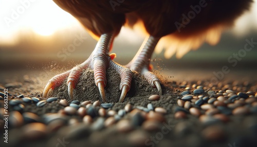 A minimalist, close-up shot focusing on a hen's claws as it scratches the earth, uncovering seeds. photo