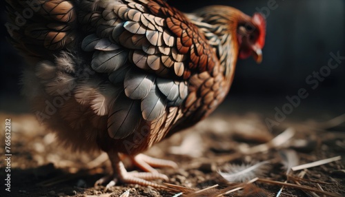 A close-up, minimalist shot focusing on the intricate pattern of a hen's feathers as it pecks at the ground. photo