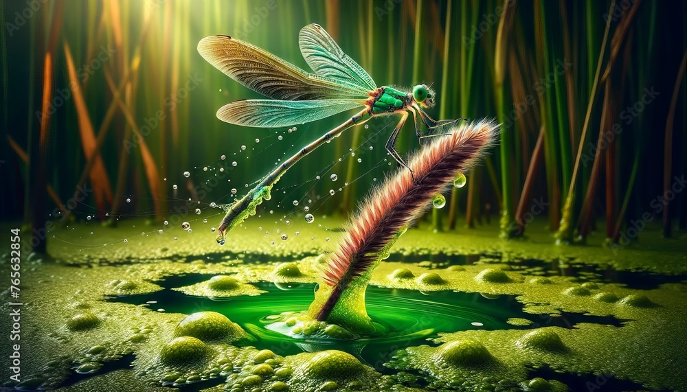 A close-up image of a dragonfly landing delicately on a reed that is sticking out of algae-filled water.