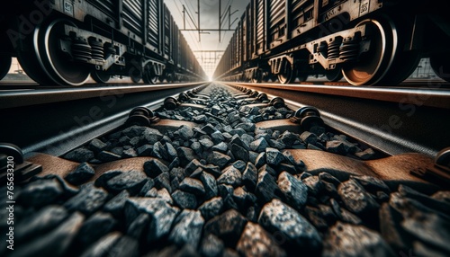 A close-up perspective from between two railway tracks, focusing on the gravel, wooden sleepers, and the detailed textures of the ground. photo