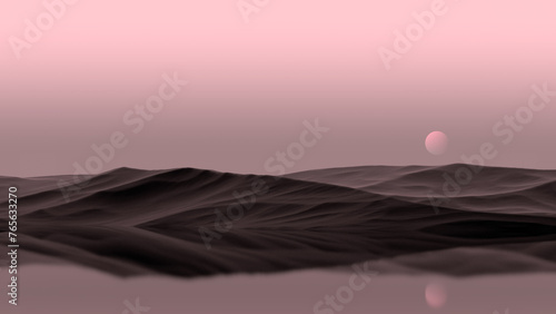 Pink planet on the horizon of a mountainous island amidst the water. Pink fantasy landscape,wallpaper.3D render
