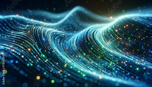 A close-up of a digital wave formed by blue and green light particles  symbolizing the flow of data in a cyber environment.