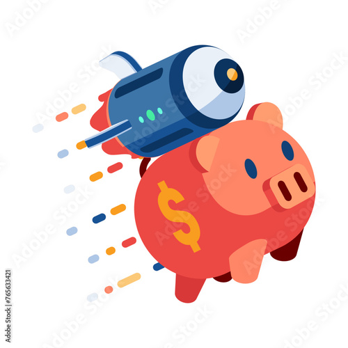Isometric Piggy Bank with Rocket Flying Up