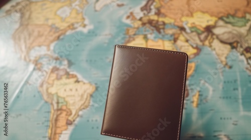 A well-traveled passport sits open on a detailed world map. photo