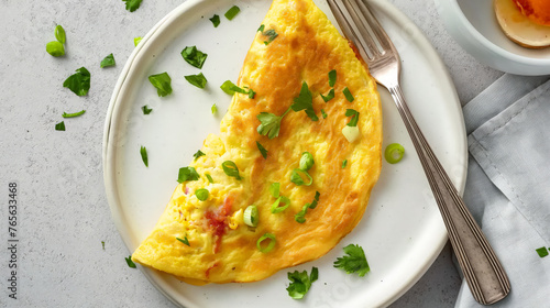 Omelet served on a white plate with fork and spoon, garnished with spring onion photo