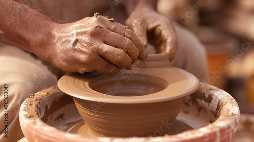 The image shows a potter at work, shaping a bowl on a potter's wheel.
