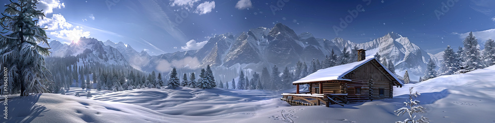 Fototapeta premium Alpine Wonderland Retreat: Embracing the Majesty and Serenity of Snow-Capped Mountains