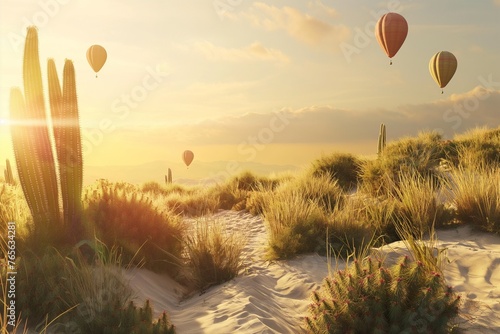 desert with balloon in the air, sand dunes and desert plants and cactus, dragon tree