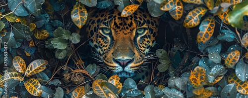 Capture the mesmerizing intricacies of animal camouflage in nature from a high-angle view Showcase the hidden patterns blending seamlessly into the environment  