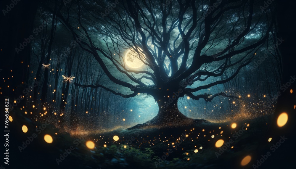 Naklejka premium A serene and mystical scene of fireflies swirling around an old, mystical tree in a dark forest.
