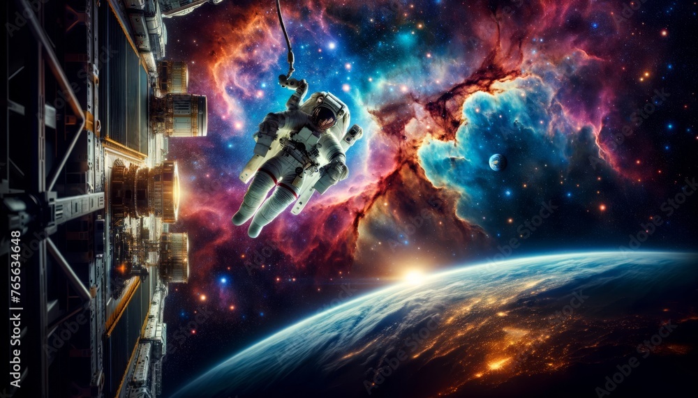 A captivating scene of an astronaut floating in space outside a spacecraft, with a vibrant and colorful nebula and starry backdrop. A captivating scene of an astronaut floating in space outside a spacecraft, with a vibrant and colorful nebula and starry backdrop.