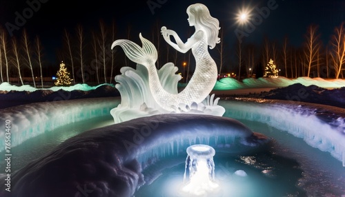 A luminous mermaid sculpture encircling a frozen fountain, with a moonlit, snowy landscape in the background. photo