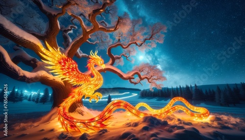 A glowing phoenix sculpture winding around the branches of an ancient tree covered in snow, under a starry night sky. © FantasyLand86