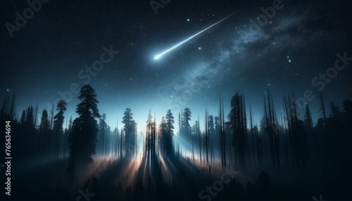 A breathtaking scene capturing a single, bright shooting star streaking across a clear, dark sky over an ancient, silhouetted forest.