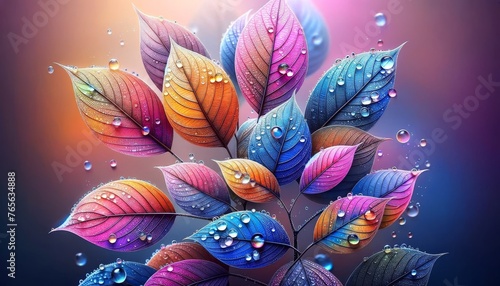 An image featuring a close-up of a few leaves in a variety of colors, with water droplets on them to add texture and depth. photo