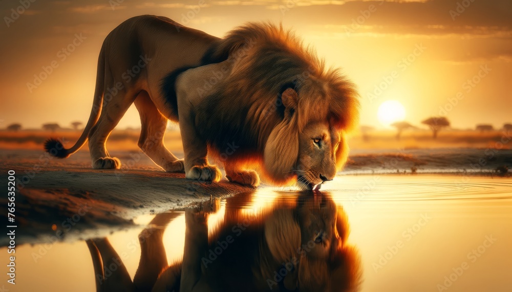 Obraz premium A majestic lion drinking from a still waterhole at sunrise, in a close or medium shot angle for clear detail and focus.