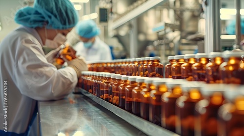 Quality inspection in progress at a modern pharmaceutical production line. Workers ensure medicine safety, focus on health industry. Efficient, sterile environment. AI