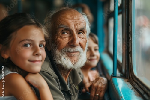 Old man with white beard travel with granddaughter and grandson inside public transport. Grandfather and kids are sitting near the windows. 