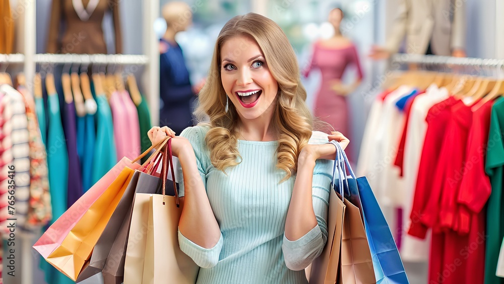 A woman enjoying a day of shopping and trying on clothes. A woman enjoying a day of shopping and trying on clothes.