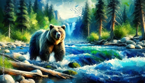 Create a detailed and vivid image of a bear standing by a river, using vibrant blues and greens to capture the lively, dynamic water and the serene na.