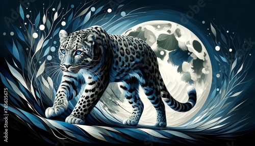 Create a detailed and vivid image of a leopard moving stealthily under moonlight in an abstract painting style. photo