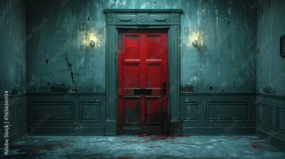 Obraz premium Haunting Crimson Threshold:A Metaphoric of Entrapment and Despondency within a Decrepit Mansion's Enigmatic Interiors