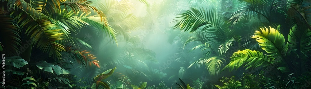 Lush Rainforest Canopy Teeming with Vibrant Life in a Mystical,Serene Landscape