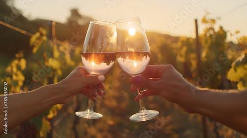 Sunset Toast with Wine in Vineyard, Friends Celebrating Outdoors. Casual Lifestyle Photography. AI