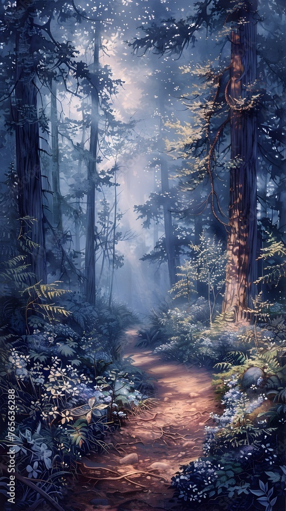 Fototapeta premium a winding path through a serene and mystical redwood forest The scene is shrouded in a hazy