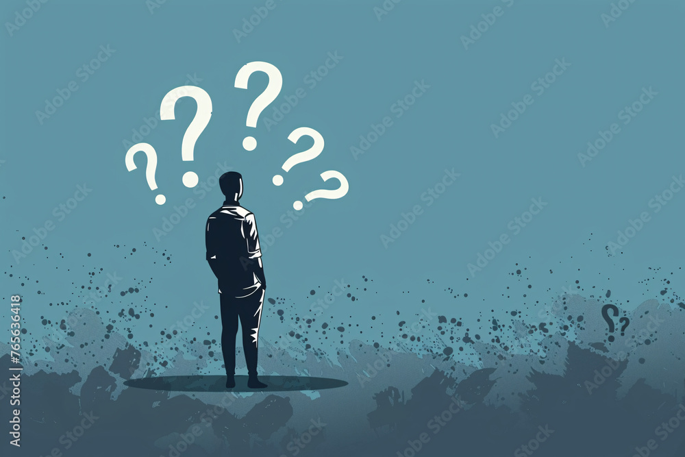 Silhouetted  and perplexed man with question marks on abstract background, symbolizing ignorance and inexperience - obrazy, fototapety, plakaty 