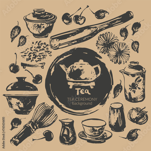 Hand drawn ink sketch of teapot, cups, whisk, leaves, fruits, scoop traditional asian style.