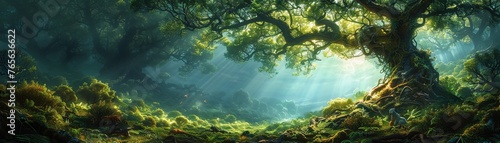 A mystical forest where the trees reach towards the heavens linking earth with celestial kingdoms
