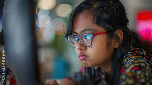 A South Asian teenage girl with Down syndrome showing concentration and dedication while working as a software developer in an office. Learning Disability