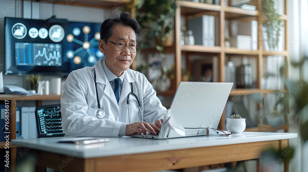 A male doctor sitting at a desk in front of a laptop, Chinese male doctor. Generative AI.