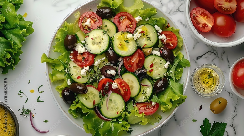 A salad with lettuce on dish, tomato, cucumber, olives on a white marble table, top view. Generative AI. A salad with lettuce on dish, tomato, cucumber, olives on a white marble table, top view. Generative AI.