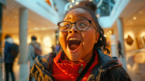 A biracial girl with Down syndrome expressing excitement and enthusiasm while working as a tour guide at a museum. Learning Disability