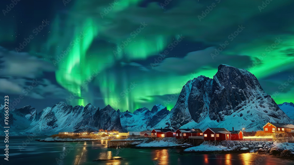 Northern Lights Over Snowy Mountain Village