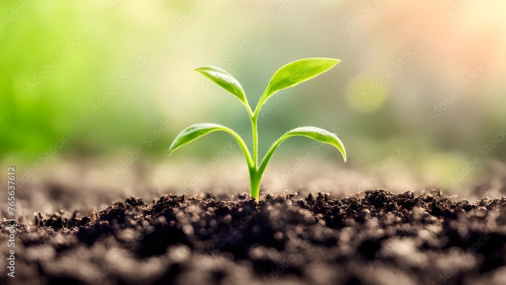Fototapeta premium Young green plant sprout in the soil