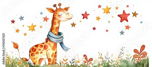 Whimsical Giraffe Reaching for the Stars in a Colorful Meadow