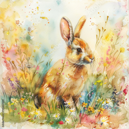 Watercolor colorful illustration of cute Easter bunny, seasonal greeting card