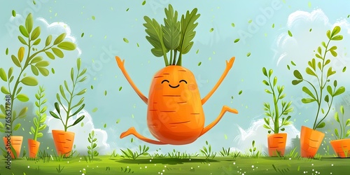 Adorable Cartoon Carrot Practicing Peaceful Yoga Pose in Lush,Verdant Garden