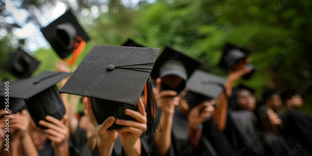 Graduation caps in the hands of students, thrown in the air. No face. Blurred background.
Graduation caps in the hands of students, thrown in the air. No face. Blurred background.